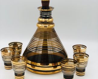 MCM bohemian Smokey gold striped glass decanter set