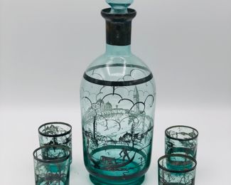 Vintage Venetian teal glass decanter set with silver overlay of gondola scene.  Hand blown 