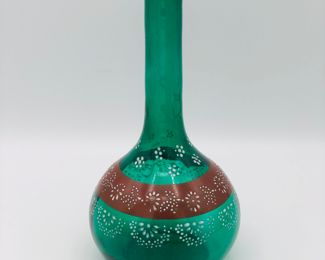 Pontiled emerald green blown glass barber bottle with hand painted features 