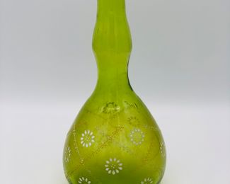 Apple green hand blown barber bottle with hand painted enamel flowers 