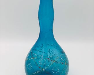 Teal blue hand blown barber bottle with hand painted enamel flowers rough pontil