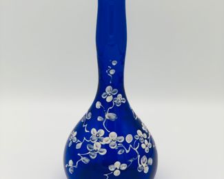 Hand blown cobalt barber bottle with hand painted enamel flowers 