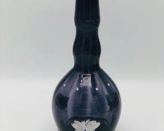 Hand blown barber bottle amethyst with hand painted white enamel butterfly 