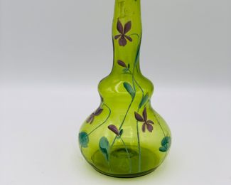 Apple green hand blown barber bottle with enamel hand painted flowers 