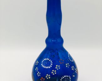 Cobalt hand blown barber bottle with enamel hand painted flowers 