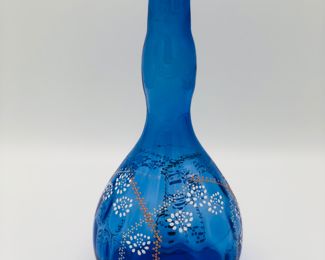 Cobalt hand blown barber bottle with enamel hand painted flowers