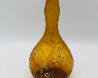 Amber hand blown barber bottle with enamel hand painted flowers