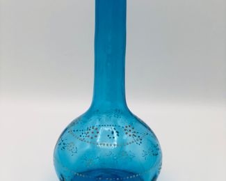 Teal hand blown barber bottle with enamel hand painted flowers