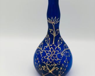 Cobalt hand blown barber bottle with gold accents