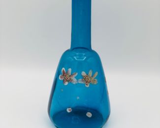 Blue hand blown barber bottle with enamel hand painted flowers