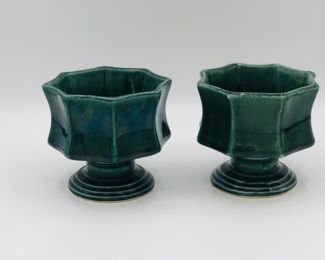 Pair of Hull flow green pedestal vases