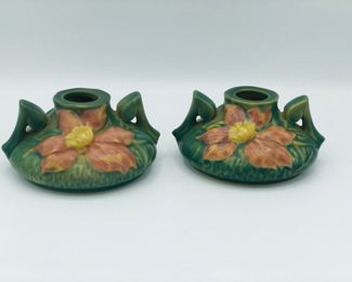 Roseville green clematis candle holder 