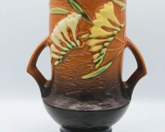 Roseville 1940’s tangerine freesia floral double handle vase 