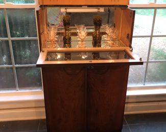 Antique art deco burr walnut cocktail cabinet/dry bar 1920’s.  Great size in great shape!!