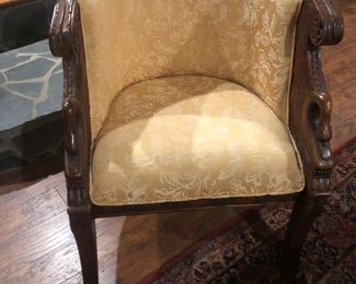 Hand carved pair of swan neck barrel chairs