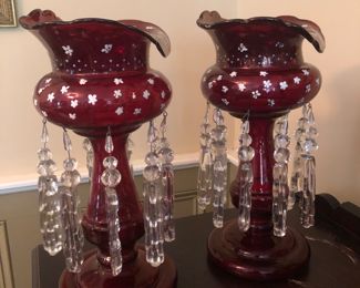 Victorian enameled ruby glass mantle lusters 