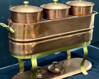 406 Vtg Waldow Brooklyn Copper Three Compartment Chafing Dish