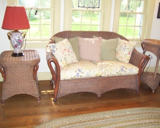 1940'S VICTORIAN SWAN ARM BAMBOO & WICKER SETEE WITH MATCHING SIDE TABLES WITH SWANS ALSO. MINT CONDITION, NEVER BEEN OUTDOORS.  PORCELAIN LAMP