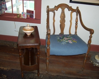 ANTIQUE NEEDLEPOINT ARMCHAIR & VTG. MAGAZINE SIDE TABLE (1 OF 2) IN FAMILY ROOM