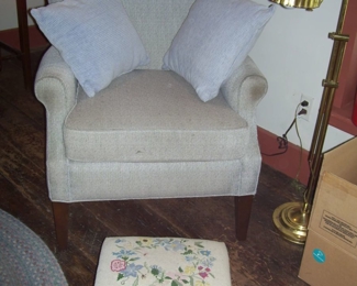 MATCHING CHAIR IN GLENBRIAR TWEED - VTG. LAMP - NEEDLEPOINTE STOOL IN FAMILY ROOM