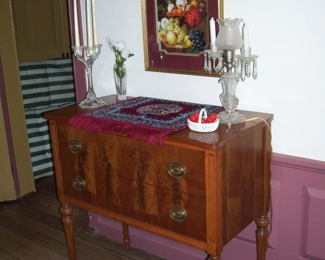 VTG. 2 DRAWER SMALL BUFFET CHEST - ANTIQUE LAMP - ETC IN DINING ROOM