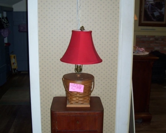 VTG. 2 DRAWER CHEST - VTG BASKET LAMP - WALL DECOR IN UPSTAIRS HALL