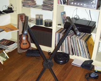 VINYL - 45'S - KEYBOARD STAND - SANSUI STEREO AMP #210 - GARRARD MODEL 1211 TURNTABLE  - PAIR JENSEN MODEL 17 2 WAY SPEAKERS - ETC