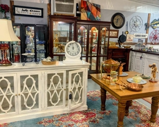 NEW Buffet, Antique Oak Table, Vintage & New Lighted Accent Cabinets, Electric Fireplace