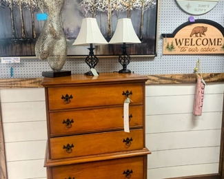 Antique Chest of Drawers, table lamps, Artwork