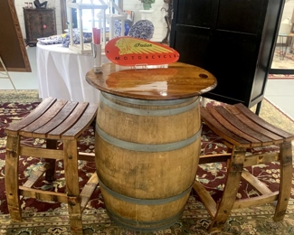Wine Barrel Table with Handmade Barrel stools