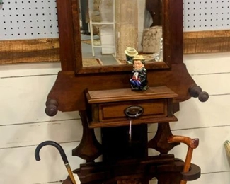 Antique Hall Tree with Mirror and umbrella/cane stand
