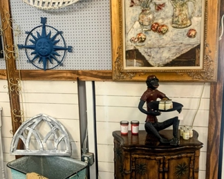 Cast Iron Monkey, Large oil painting, tobacco basket,  Bombay Company Accent Table
