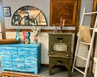 Painted  Vintage Coastal Dresser or Server,  New End Tables, Mirrors, Wooden Dough Bowls, Ladders, Handmade Wood Burning Artwork