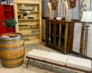 New Colorful Server, Mid-Century Modern Bench, Large Wood Bookcase, Wine Barrels