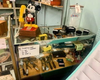 Glass display cases available.  Different sizes.  Vintage Mickey Mouse Phone, ice cream scoops, Lance Jar, More!