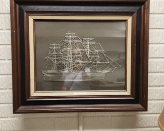 Silver metal Clipper Ship framed cutout