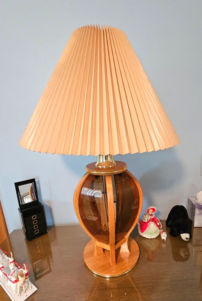 1 of 2 Mid Century Modern wood/glass 3 stage lamp