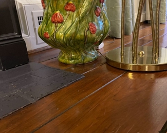 $510 for the pair.  2 gorgeous Antique Majolica FFAS  (Faiencerie d'Art de la Sorage planters in green and yellow glaze with poppies in red. Size for each is 13"H and 15"wide at widest diameter. 
