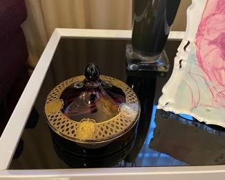 $45. Antique glass candy dish with gold filigree on lid.  5+"diameter and tall.