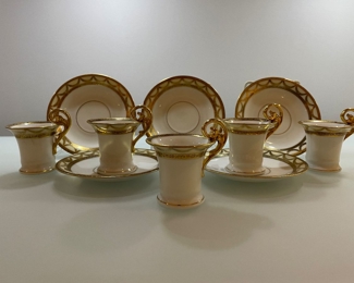 $65.  Set of 1950s Demitasse Cups and Saucers w/ Gold trims from Royal Etiag.  5ʺD × 3.75ʺH.
Makers mark: Royal EPIAG Czechoslovakia.