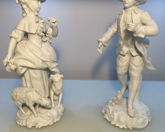 $175. Antique pair of Mid-19th Century white biscuit statues from France; 6x6x13"H each.