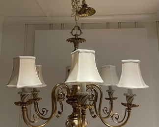 $950.  Antique French chandelier; rewired late 20th century. 28"Wx24"H with 28" of chain to ceiling brass ceiling plate