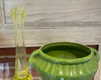 On Hold: $60 Vintage green ceramic glazed urn; 9"Wx6"H.                                   Available: $10 Vintage glass vase 9"Hx2.5"diameter at bottom.