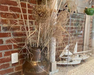 $85. Vintage copper jug with handles. 18.5Hx13"diameter. Patina varies, with some verdigris.  