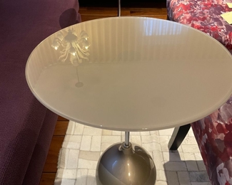 $700 each. Two Italian Modern "Adachi" side tables available. Each 20"diameter top and 25"H. Glossy champagne lacquered with tempered glass top, chrome pole and heavy base, weighted for sturdiness; (complements the Champagne sideboard cabinet in next listing). Each table currently retails for $1000 https://eurolivingfurniture.com/products/adachi-modern-round-end-table?variant=1040679929