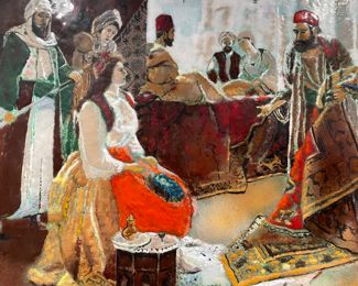 Close up of the customer and the rug merchant. You can find other paintings by Max Karp on 1st Dibs and other auction sites.