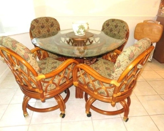 5 Piece Pineapple Upholstered Rattan Swivel Tilt Caster Dining Chair/Table Set by Leaders Furniture