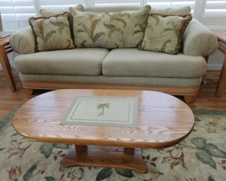 Tan Upholstered Oak Frame Sofa with Palm Tree/Fern Pillows. Oval Oak Coffee Table, Pair Lite Wood End Tables/Matching Coffee Table 