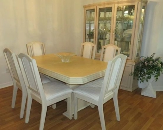 Vintage Whitewashed Dining Room Table & China Hutch Set by Arcese Brothers