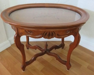 Vintage Carved Accent Side Table with Glass Butler Serving Tray 